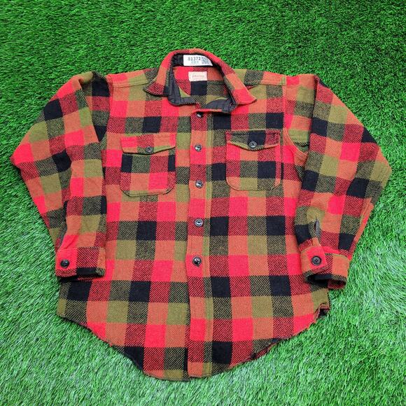 Vintage 50s Melton Wool Button Shirt Large 22x29 Buffalo-Plaid - Picture 1 of 10